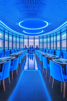 A restaurant with the outer shape of the walls in blue and a white floor, and it contains one table in the middle of the restaurant, and the walls are oval in shape, containing 30 chairs, and the walls are made of glass