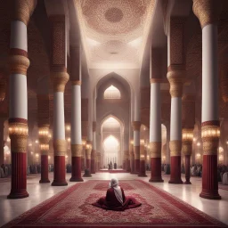 Hyper Realistic photographic-view of lots of Muslims praying inside a huge Mosque-hall-with-white-&-maroon-walls-&-fancy-pillars decorated with traditional-lamps & beautiful carpets at night showing dramatic-&-cinematic-ambiance