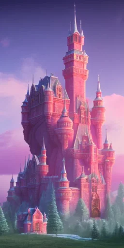 Ice cube shaped castle. pink houses, pink sky, pink smoke, trees, outdoors. street.