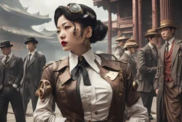 A tough cyborg woman detective watching gangsters outside a temple in a 1950s steampunk Taiwan.