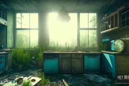 kitchen,overgrown, sundown, volumetric lighting through window, abadoned,post apocalyptic, rundown, realistic, unity engine, bloom,cinematic lighting,blue tone, octane render.