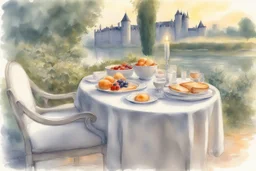 Brunch breakfast on an elegant table in the garden in the background, Castle on the Loire, lake, reflection, sunrise, Misty morning smooth intricate high definition beautiful lighting pencil sketch watercolor polished warm light