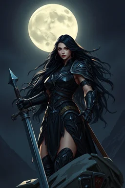 A BEAUTIFUL GIRL, BLACK LONG HAIRED, BIG BUB, NICE BODY, DRESSED A BLACK ARMOUR, WARRIOR AND AMAZON WOMAN, STAY ON TOP OF MPOUNTAIN, MOONSHINE AND FAIRY TURN AROUND HER, DARK NIGHT BACKGROUND,