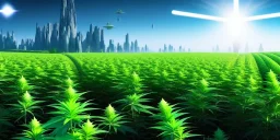 magnificent, realistic, colorful, massive, epic, ray tracing, cinematic, 8k, HD, Ultra High Definition, photo film, film grain, hyper-detailed, vibrant colorful exotic marijuana plant field with star wars people