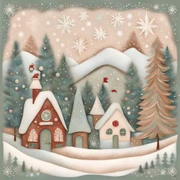 Folk art, Christmas scenery, mixed media, soft muted colors