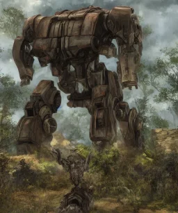 Large rusty mechwarrior inside a futuristic ancient ruin with plants and animals