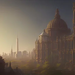 A digital painting of a Victorian city with a huge dome building in the middle, view from afar