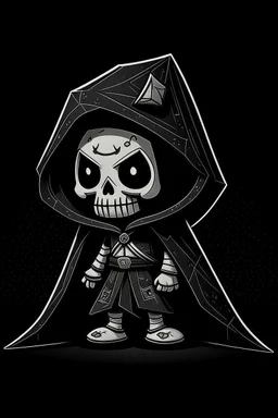 funko skeleton in a black hooded cloak drawn in a retro mascot style, inside a light diamond shape on a black background, monochromatic