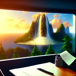 large desk, parquet, sheet of paper, little pen, office chair in front of a huge picture window with large view on a waterfall with warm light, sunset ,pixar style, panorama, nature, globe, HD, Hallelujah mountains, view first person