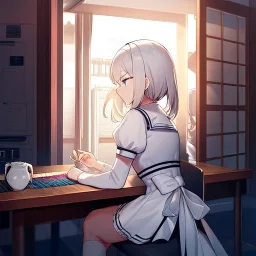  anime girl in a waitress uniform sitting at a booth in a busy diner with two identical white coffee cups on the table, one white teacup is full and the other white cup is empty, windows and a door, customers, emphasis on two white coffee cups