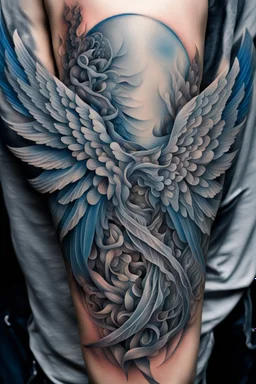 upclose ultra realistic and highly detailed photo of a tattoo, close up texturised image of an angel wing, on the angel wing a name is written -"Jiu-Jitsu", the backgrond is an abstract, chaotic and explosive collage of of vines with thorns and rope knots,.blue and gray,.32k