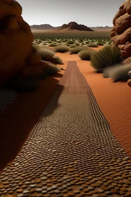 A brown desert with a rocky road designed in Moroccan rug art painted by Henri Robert-Bresil