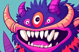 closeup of a smiling monster's face, big teeth, fur, bumps and horns, my pet monster inspiration, urban character design