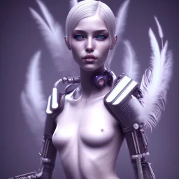 A beautiful portrait of a cute cyberpunk woman, high key lighting, volumetric light high details with white stripes and feathers and celtic paterns