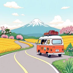 Create a book cover for "Cozy Japan Coloring Book" showcasing a charming countryside road trip scene with a small, vintage camper van winding along a scenic road. In the distance, Mount Fuji rises majestically, partially veiled by soft clouds and framed by blooming cherry blossoms and golden rice fields. The van is adorned with travel stickers and roof luggage, while a cat peeks out the window. The atmosphere is peaceful and nostalgic. Illustration, warm pastel palette with soft shading and fine