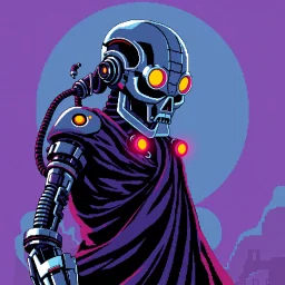 8 bit pixelart of a terminator like robot, synthwave colored, vaporware, budist monk robe
