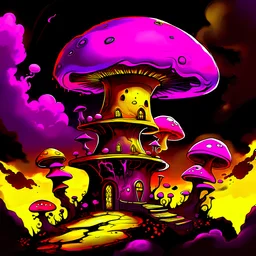 A fantabulous black, magenta and yellow (((mushroom tower house))) erected atop a (geologic pillar), surrounded by the uncanny imaginative ((( swirling skies))), offset by the stark hues of a (neon-tinged nebulous space scape), within. captured by the hand a skilled master painter with a focus on (softly blurred compositions and voluminous lighting).