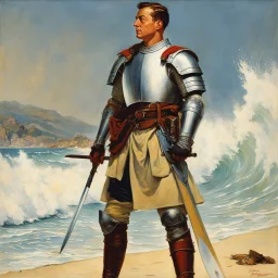 [art by Norman Rockwell, surf at Nazare] Clad in armor that bore the marks of countless battles, Roupinho stood tall and proud, his sword gleaming in the sunlight as if it were an extension of his very being. Forged by skilled artisans and imbued with the essence of his noble lineage, the sword was not just a weapon but a symbol of his duty and honor. Every day, Roupinho would seek solace and guidance in the presence of the Black Madonna. With reverent steps, he would ascend the worn stone steps