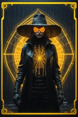 neon spiderweb sacred geometry framed playing card, black, yellow and orange neon cyber punk dancer thief in soaked rain coat and cowboy witch hat shadows boss card in the style of Giger and fallout 4 ,,bokeh like f/0.8, tilt-shift lens 8k, high detail, smooth render, down-light, unreal engine