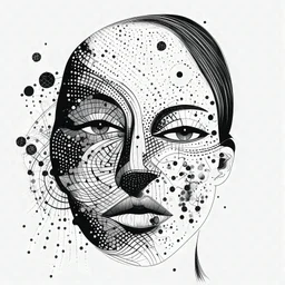 black and white drawing dots flying around a face