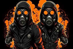 angry hooligan characters with gas masks in black holding flares