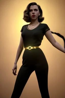 retro portrait image from 1960, New York explosion, long hair, young Scarlett Johansson, classic black tight lycra suit, gold bracelet and belt, high heel boots, soft color, highly detailed, unreal engine 5, ray tracing, RTX, lumen lighting, ultra detail, volumetric lighting, 3d, finely drawn, high definition, high resolution.