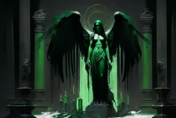 angel negro y verde parado en un altar