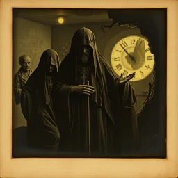 Daguerrotype close up some mysterious figures, odd background, Hieronymus Bosch Max Ernst ambient light, by Minicavio Quollati and Marlost Endgulp, Amano, Botticelli, Alphonse Mucha