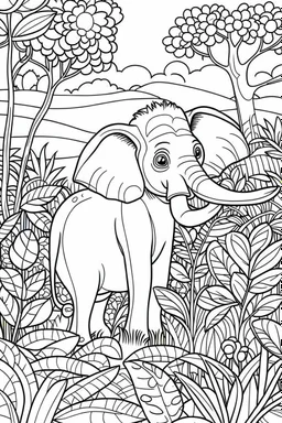 coloring page for kids, Gentle elephant in a lush peaceful jungle, cartoon style, thick outline, low details, no shading, no color