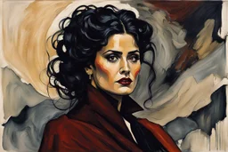 Painting of Salma Hayek as a Goth vampire girl, in the Expressionist style of Egon Schiele, Oskar Kokoschka, and Franz Marc, in muted natural colors