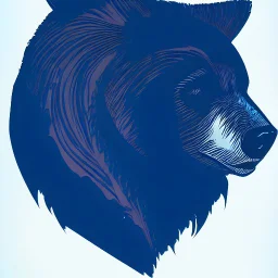 sideview of bear head, 70s comics style, block print with indigo ink on creamy paper texture, strong contrast