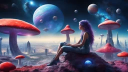 beautiful women sitting withoutt bro, on blue, red, purple mushroom in space, city of the future at the back ground planets above, space ships, hyper realistic.