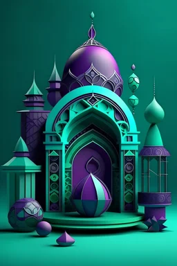 Create a 3D ramadan theme poster in purple, blue and green scheme