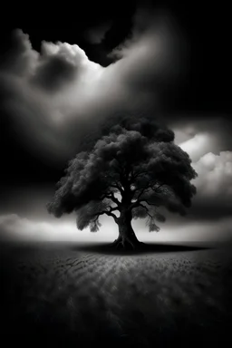 conceptual photo, art photo, far away view of a chestnut tree, illusion, fine art, death, dark cloudy sky, surrealism, black and white