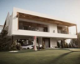 Christmas Day in algarve, a modern luxury villa architecture building WITH STRAIGHT LINES AND CANNOPY, white render and wood stripe vertical elements with gold metallic details, overlooking the golf course, trees pines, realistic 8k ultra render