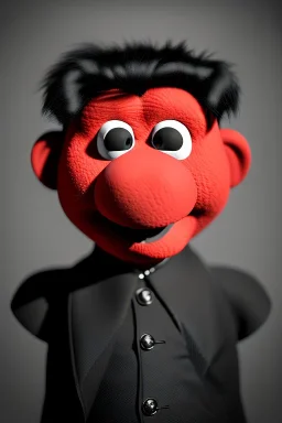 Waist up muppet Portrait, Kim Jong-un muppet doll, black suit, photo studio, red background, unreal engine 5, concept art, art station, ray tracing, lumen lighting, ultra detail, volumetric lighting, 3d.