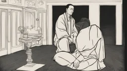 في الصورة، يظهر رجل جالس على كرسي في غرفة مظلمة. وجهه غير واضح، لكن يمكن رؤية عينيه مغمضتين. الرجل يرتدي ملابس سوداء، ويبدو أنه في حالة من الهدوء والتأمل.