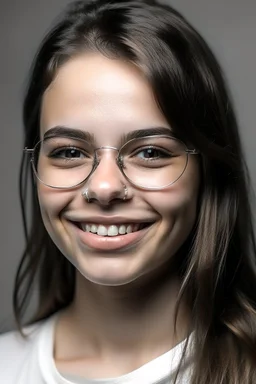 mujer con aparatos dentales, vellos faciales, piel muy grasa y lentes