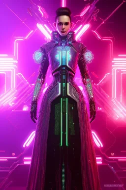 Portrait cyberpunk cybernetic AbstractTech Android bride in skin-tight ornate neon pink dress with silver filigree, full body shot, full-color long shot