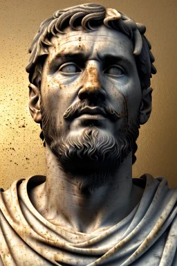 Ultra Realistic image, Roman sculpture, white marble material, Lionel Messi, gold Laurel leaves wreath, renaissance ornaments, one gold star in heart, marble background, chisel style, waist up portrait, emperor style, epic, celestial, cinematic lighting, God light, god rays, 4k resolution, smooth details, ornate details, soft lighting, unreal engine 5, art station, substance 3d.