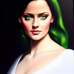 oil Portrait on canvas of busty beautiful young Sif with big crystal clear green eyes looking to viewer,realistic,intrincate detail, with ruby necklace by Adam hughes 16k