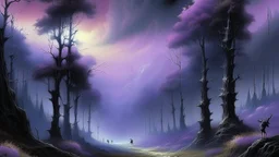 A blackish purple arid woods with glowing eyes painted by Ivan Aivazovsky