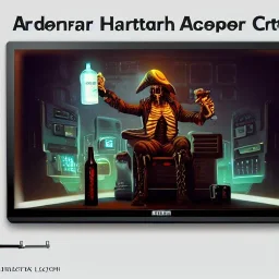 a cyberpunk hacker pirate captain skeleton holding beer with a pirate hat sitting in front of a huge old crt monitor in a dark room , only light coming from crt monitor, highly detailed, intricate, digital art, trending on artstation, trending on cgsociety, by greg rutkowski