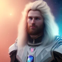 Beautiful cosmic man, blue eyes, long blond hair, smiling, cosmic suit, full body, galactic backdrop, soft lighting, hyper realistic, unreal engine 5, 16k