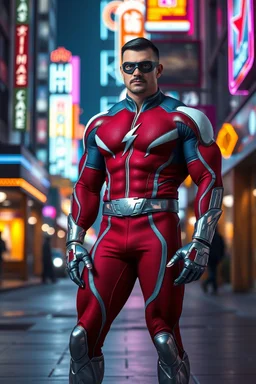 A muscular, athletically built man with extra-short, crew cut, black hair, blue eyes, short, trimmed goatee, standing stoically on the street in the neon lit, futuristic City of Xanadu prime, wearing a long-sleeved, highly textured, red-white-and blue body suit with gray piping that forms to his muscular frame, a silver lightning belt, silver wrist gauntlets, silver, knee-high boots, the symbol of Xanadu on his chest, and a thin black leather bandit eye mask