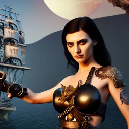 realistic, young model pointing a dagger, short black hair flowing. holding a sword. black tatoo on arm. dressed a steampunk pirate, bra with carved leather. Salvador dalì style. Ships in background with high details. 4k, unreal engine. A owl is landing in background.