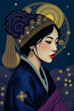 Surrealism and dadaism of a korean village woman, anomali,absurd lace, fauvism mondrial by Ross Draws,Andy Kehoe, Hokusai, deep blue, deep purple, gold foil, copper foil Zentangle, math art, dot art, circle art, spiral art, concrete art, by Norman Rockwell, by ivv, Anton Fadeev, Krenz Cushart, geometrical pattern and bitmap