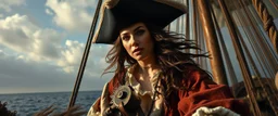pin hole cam, master oil painting by Rembrandt, good afternoon scary hot seductive piratress merchant swashbuckler on stallion on ship