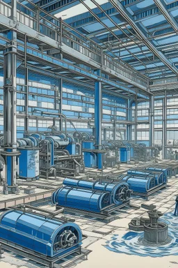 A bluish gray mechanical warehouse painted by Katsushika Hokusai