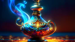 A mist form portrait of a spellbinding genie lamp, mystical, sparkling vapor style of kaleidoscopic smoke, cinematic background, hyperdetailed intricately detailed, mystical, intricate detail, prismatic fumes, colorful, multi-colored gas, misty, luminescent vapor, smoky, fantasy, concept art, 8k resolution, close-up, wide angle, depth of field, masterpiece, flowing, complex background, intricate detailed, bright colors, fantasy, intricate, smoke on camera, masterpiece, insanely detailed